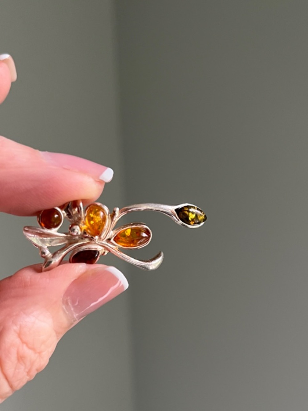 Sterling Silver Amber Leaf Brooch - Gold and Brown Accents